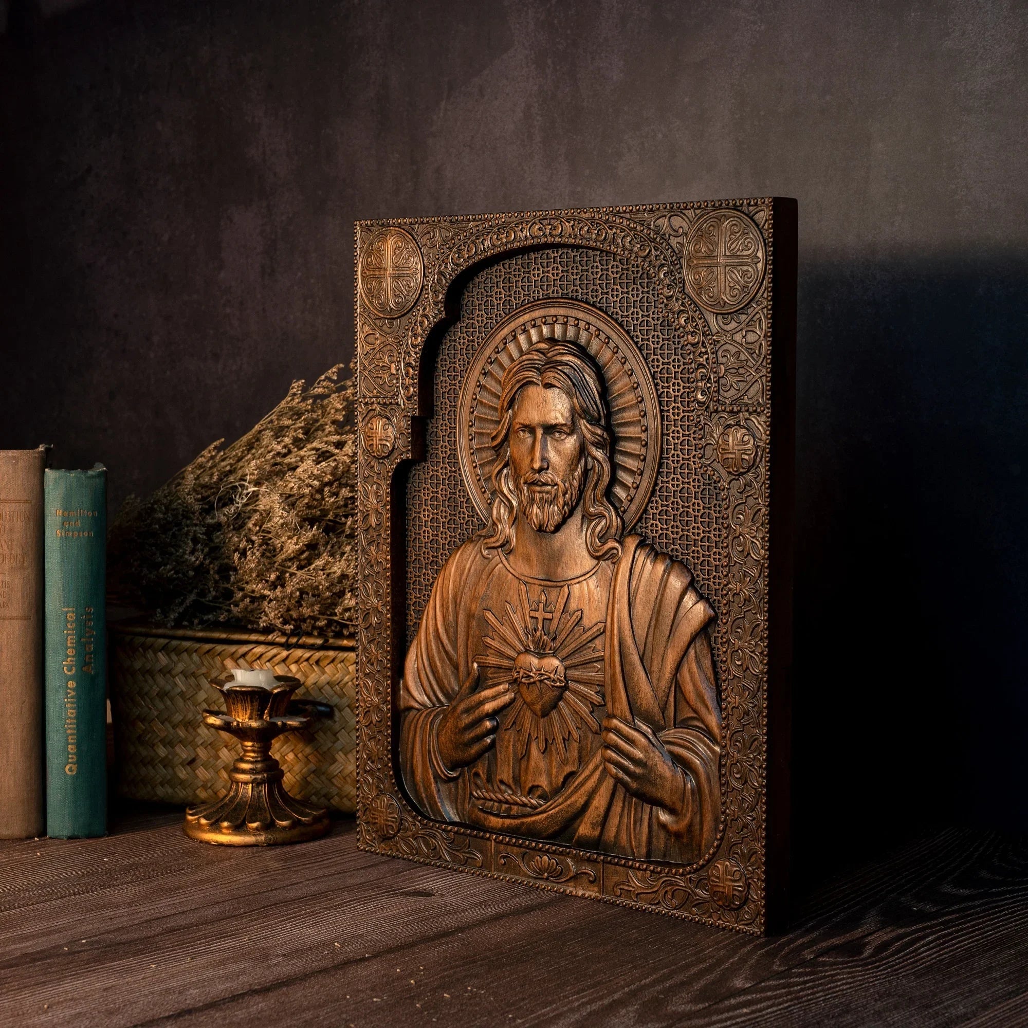 Our Lord Jesus Sacred Heart Wood Carving - Christian Catholic Personalized Carving Gift