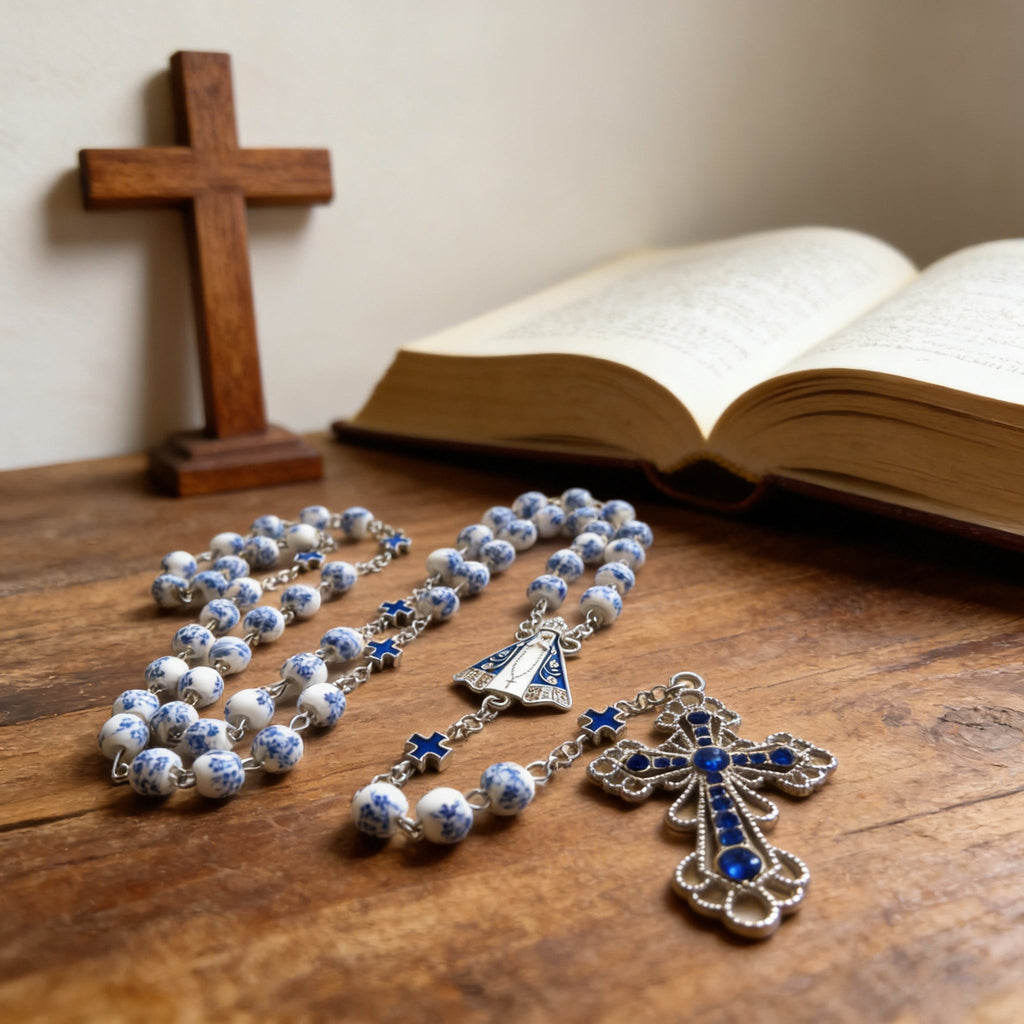 Our Lady & Cross Rosary: 8mm Blue Floral Acrylic Beads with Alloy Chain