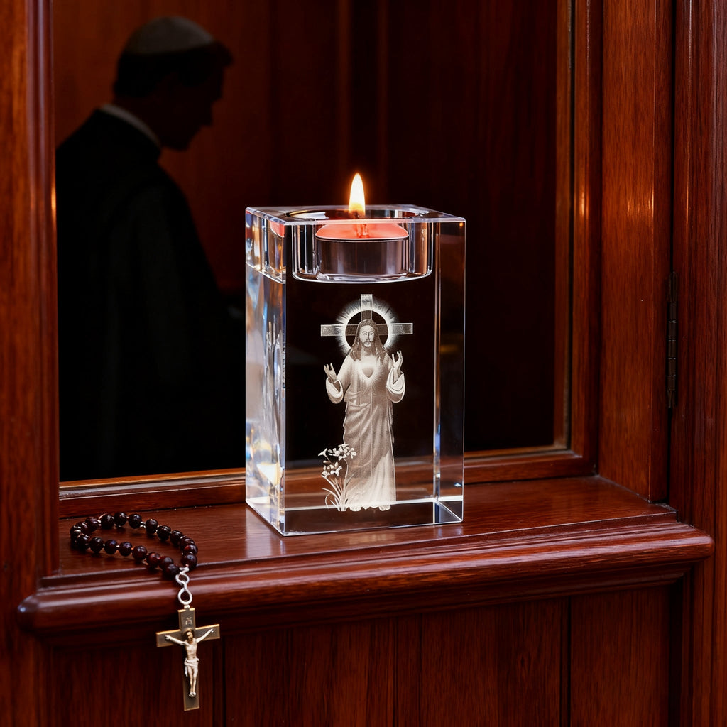 Jesus Crystal Engraved Candle Holder: Light & Faith in One🕯️