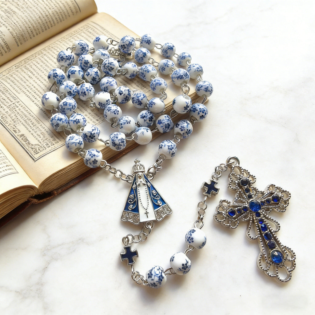 Our Lady & Cross Rosary: 8mm Blue Floral Acrylic Beads with Alloy Chain