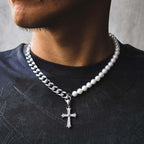 Cuban Chain Panel Pearl Cross Necklace
