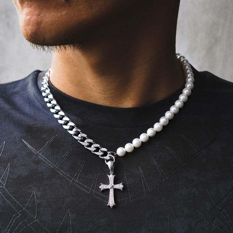 Cuban Chain Panel Pearl Cross Necklace