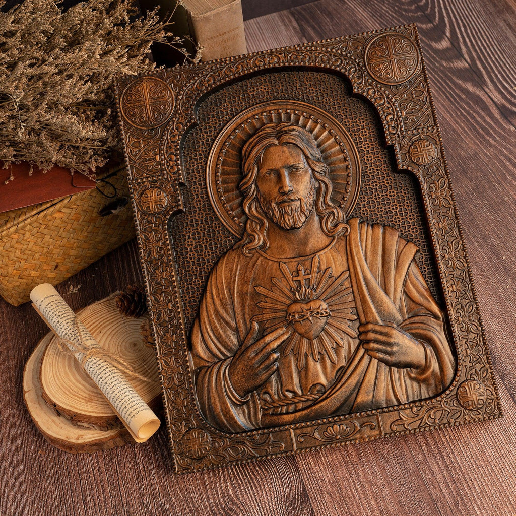 Our Lord Jesus Sacred Heart Wood Carving - Christian Catholic Personalized Carving Gift