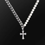 Cuban Chain Panel Pearl Cross Necklace
