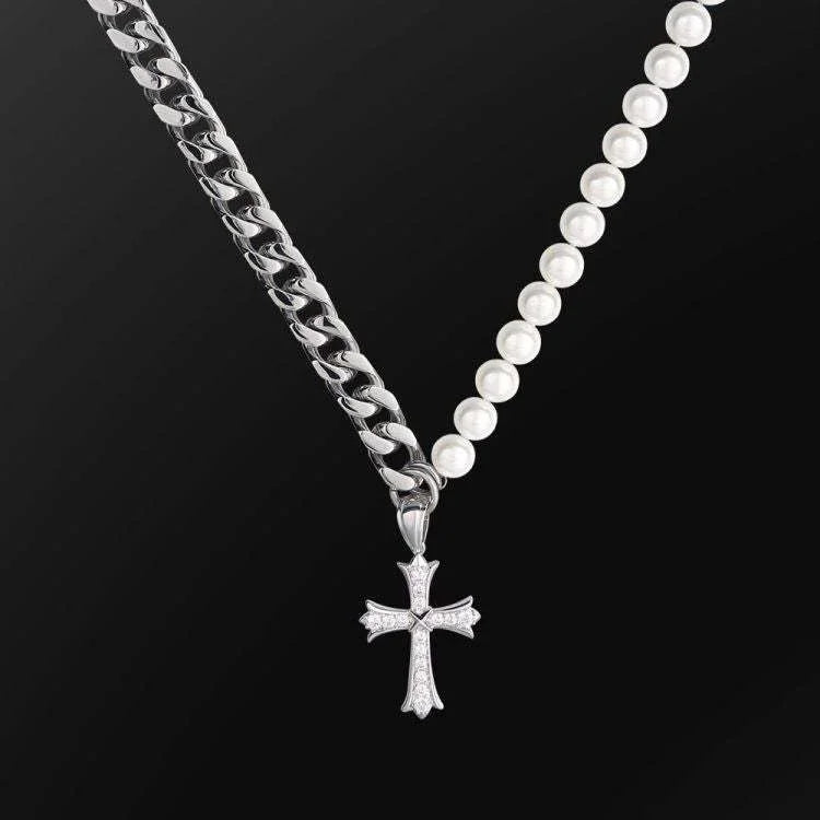 Cuban Chain Panel Pearl Cross Necklace