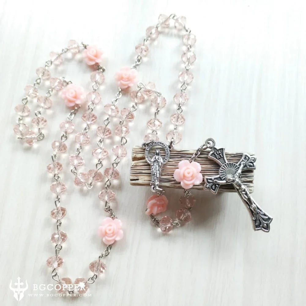 Pink Crystal Beads Rosary Catholic Necklace