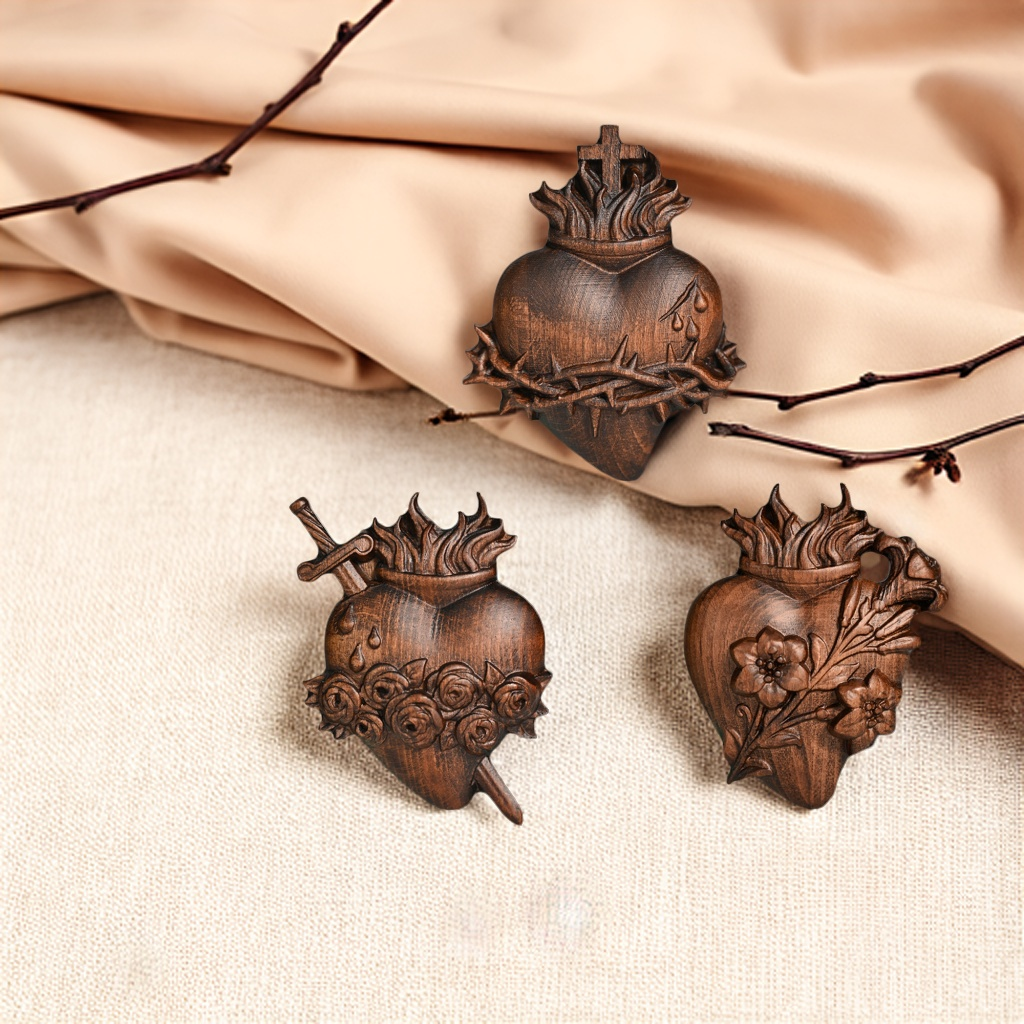 Holy Family Three Sacred Hearts Wooden Wall Decoration