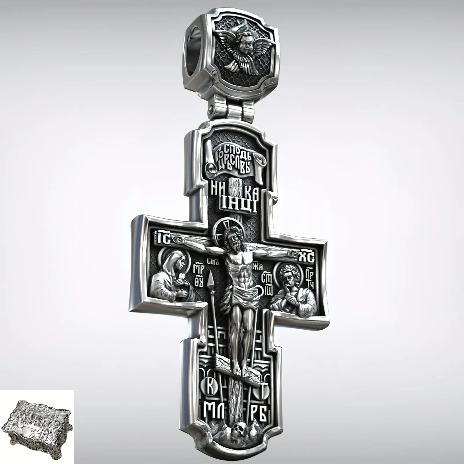 Orthodox S925K Silver Double-Sided Engraved Jesus Christ Crucified and Saints Orthodox Necklace