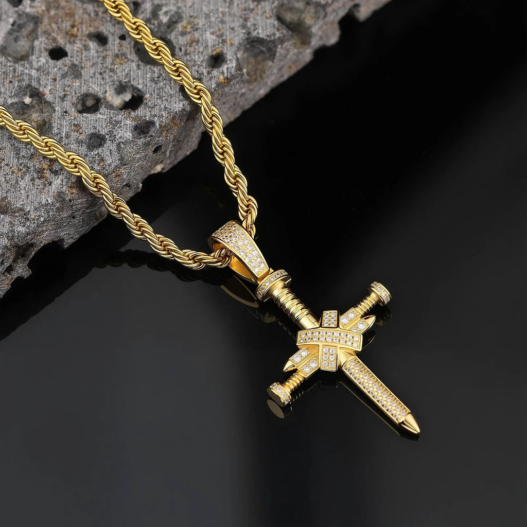 Handcrafted silver-plated copper nail cross pendant - hip-hop style religious necklace