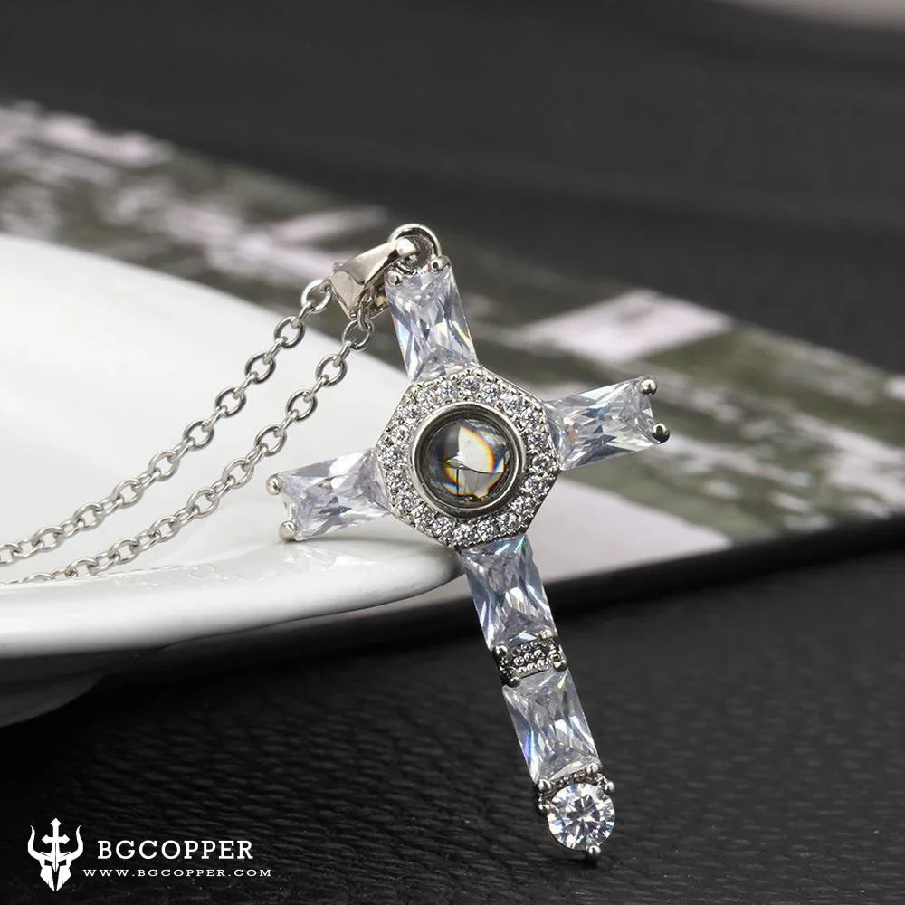 Fashion Cross Father Pray Projection Crystal Necklace