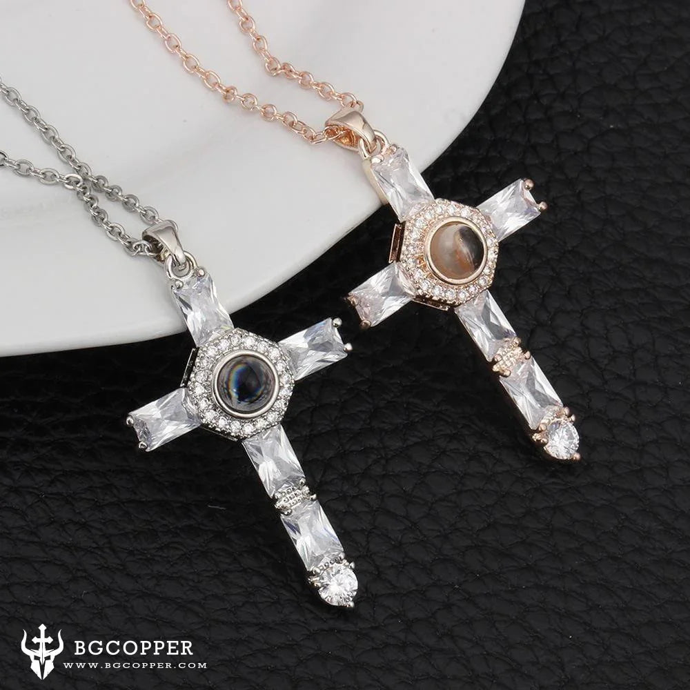 Fashion Cross Father Pray Projection Crystal Necklace