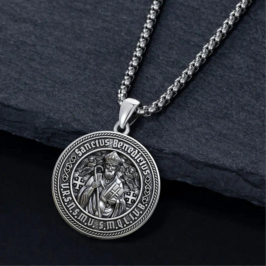 St. Benedict S925K Silver Double-Sided Engraved Amulet Pendant