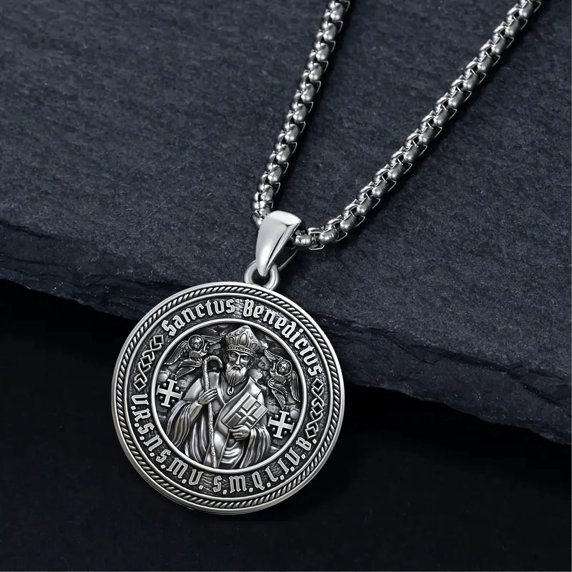 St. Benedict S925K Silver Double-Sided Engraved Amulet Pendant