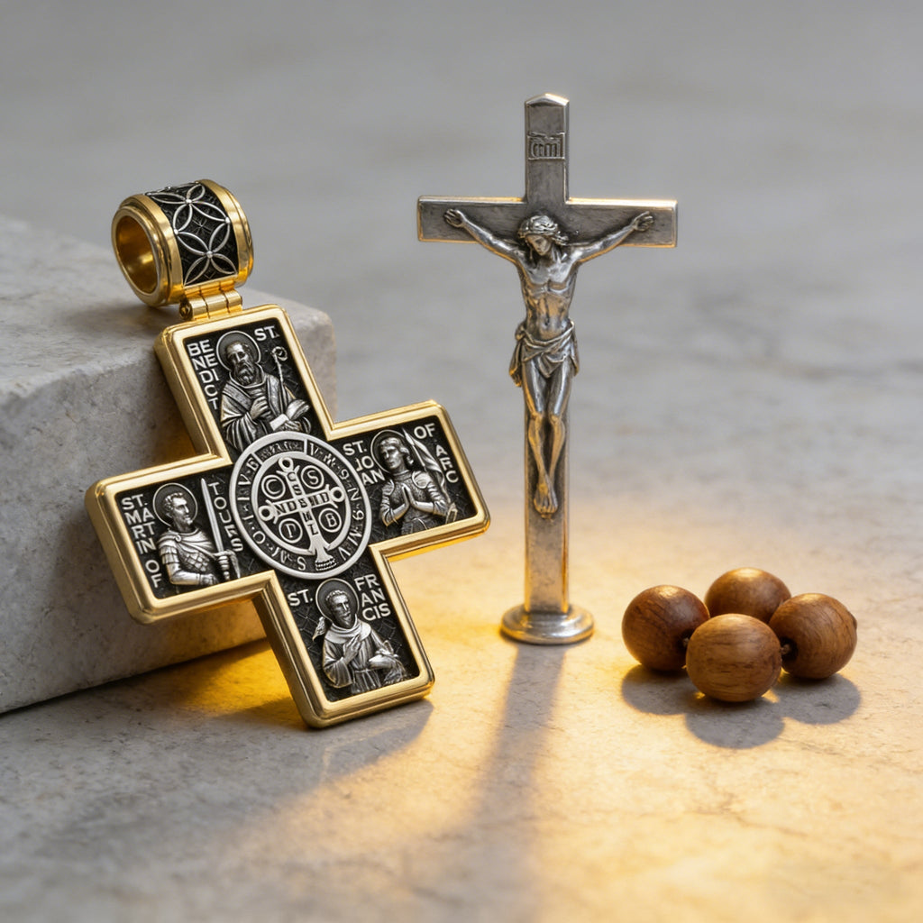 Double-Sided S925K Sterling Silver Sacred Heart and Saint Cross Pendant—Your Daily Spiritual Companion