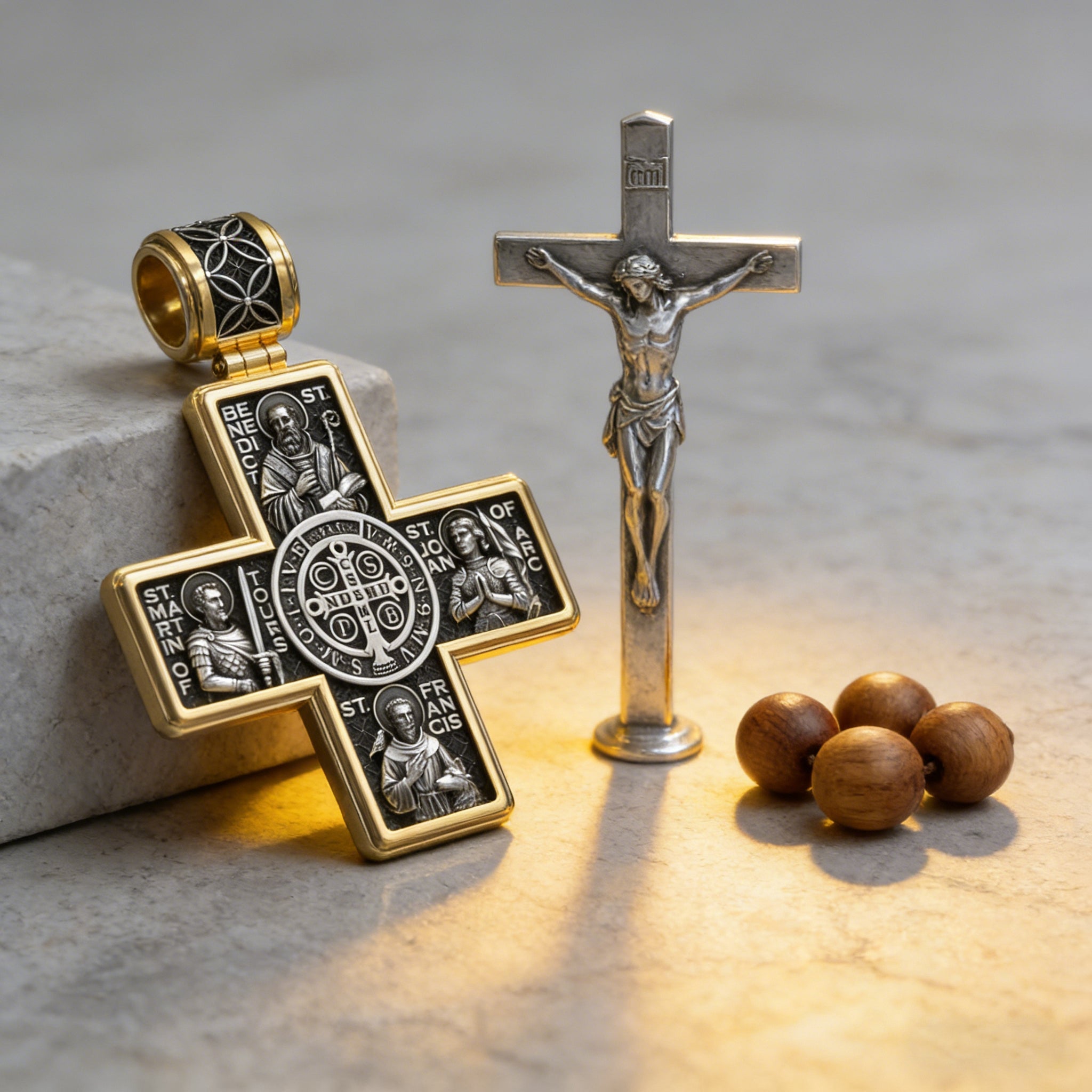Double-Sided S925K Sterling Silver Sacred Heart and Saint Cross Pendant—Your Daily Spiritual Companion