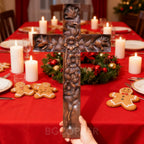 Hand-Carved Rose Cross Wall Art ✝️🌹 | Solid Beechwood Christian Decor with Golden Flowers