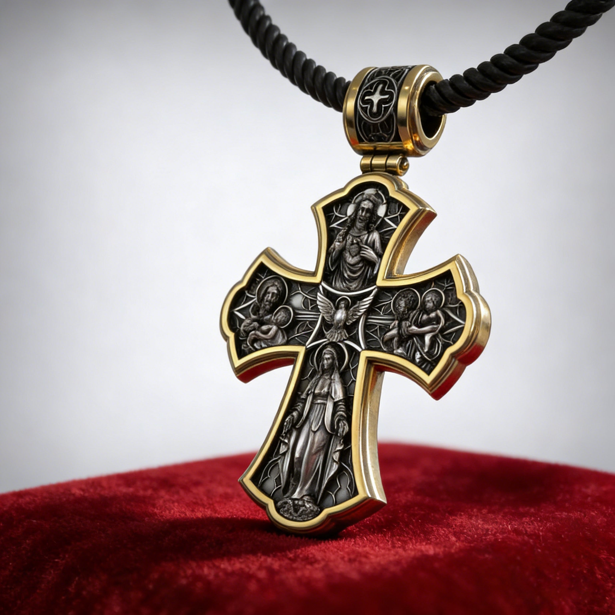 Holy Family of Mary Sacred Heart of Jesus IHS Double-Sided S925 Sterling Silver Cross