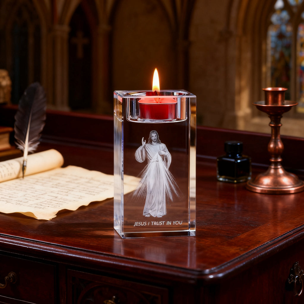 Jesus Crystal Engraved Candle Holder: Light & Faith in One🕯️
