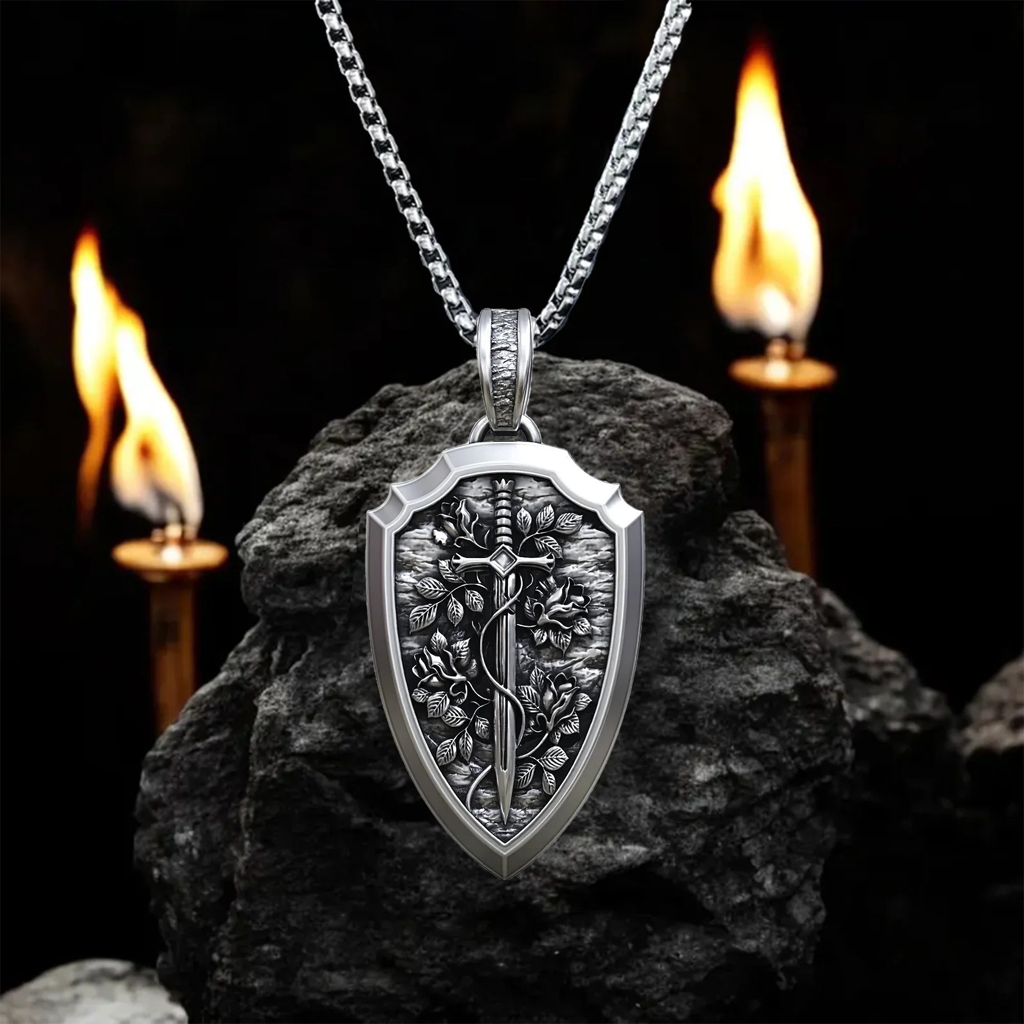 S925K Silver Necklace Sword and Shield Rose: Embedded Shield of Faith