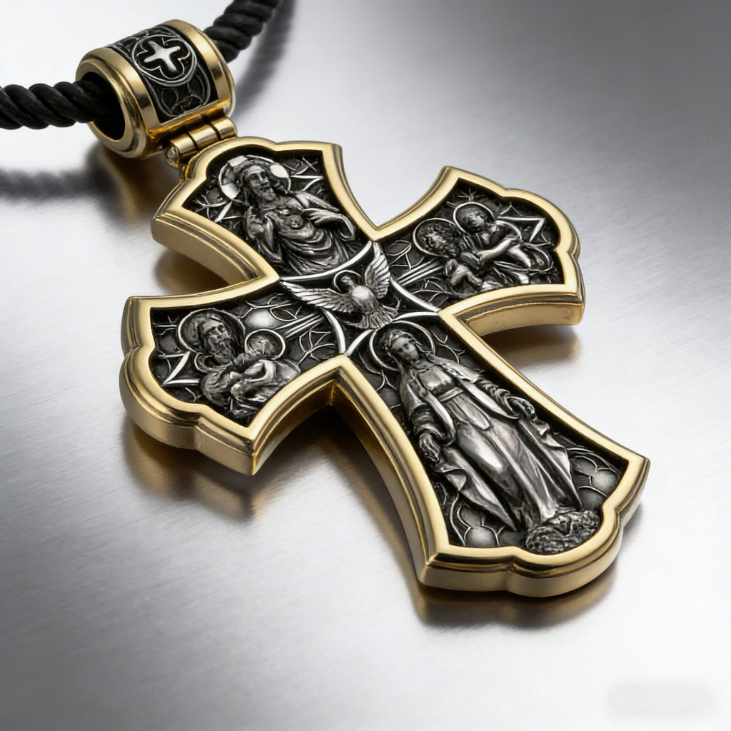 Holy Family of Mary Sacred Heart of Jesus IHS Double-Sided S925 Sterling Silver Cross