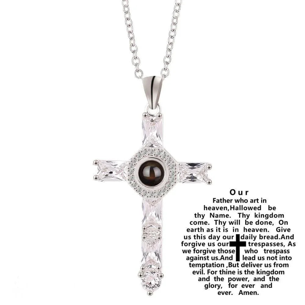 Fashion Cross Father Pray Projection Crystal Necklace
