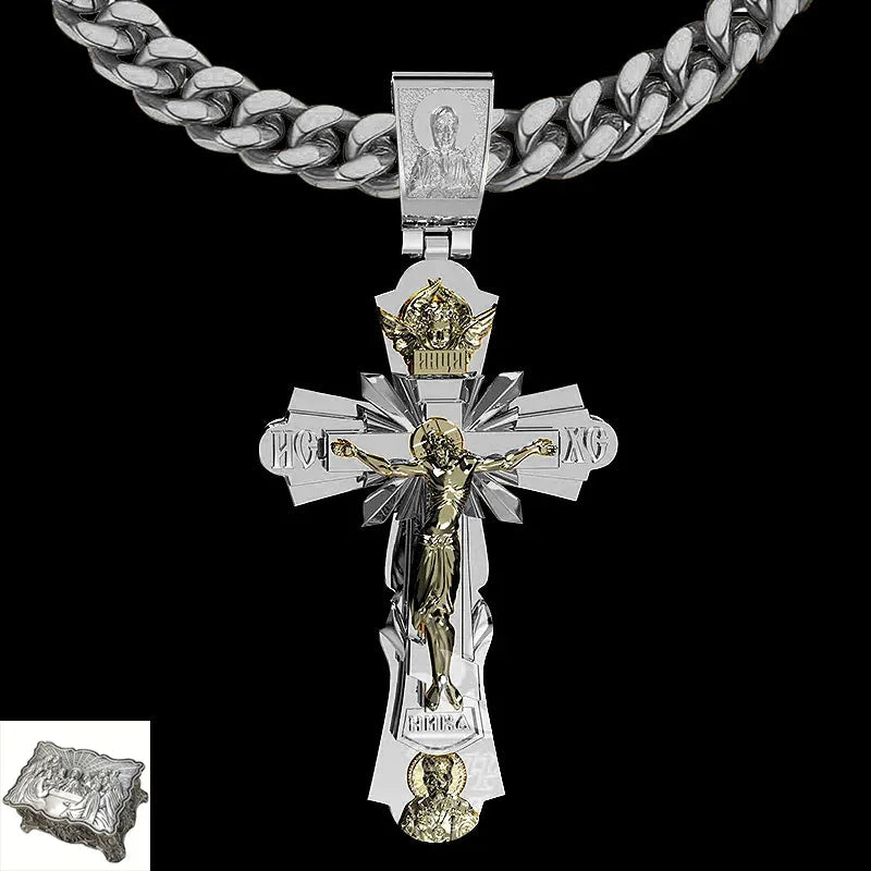 Gold-Plated Copper Crucifix Pendant with Jesus Christ and Religious Figures