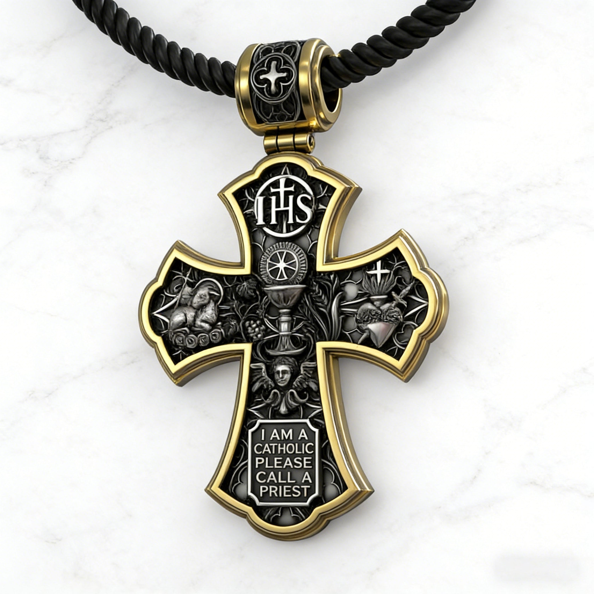 Holy Family of Mary Sacred Heart of Jesus IHS Double-Sided S925 Sterling Silver Cross