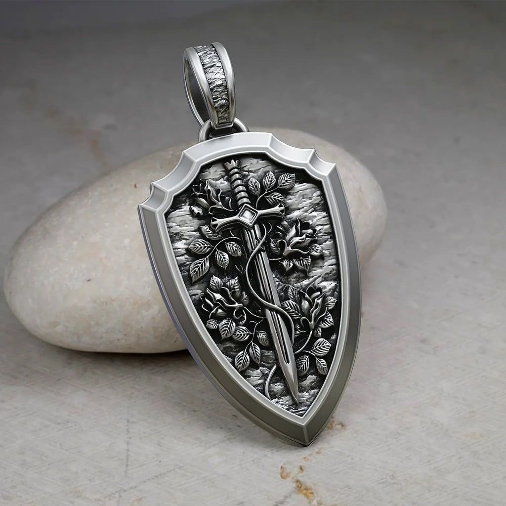 S925K Silver Necklace Sword and Shield Rose: Embedded Shield of Faith