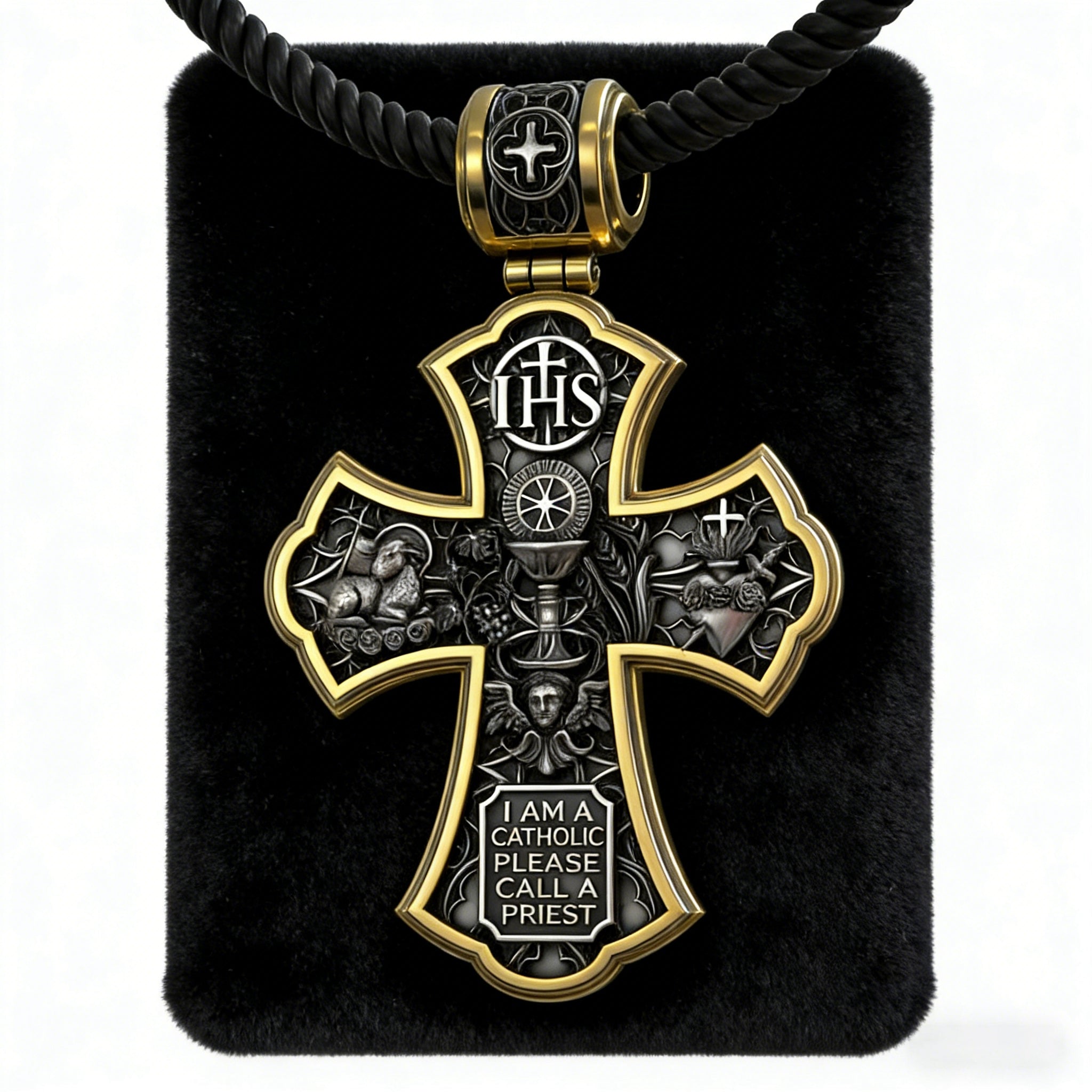 Holy Family of Mary Sacred Heart of Jesus IHS Double-Sided S925 Sterling Silver Cross