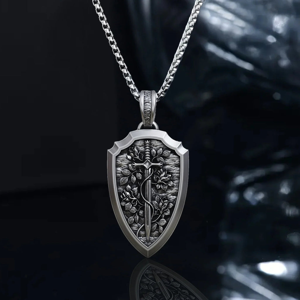 S925K Silver Necklace Sword and Shield Rose: Embedded Shield of Faith