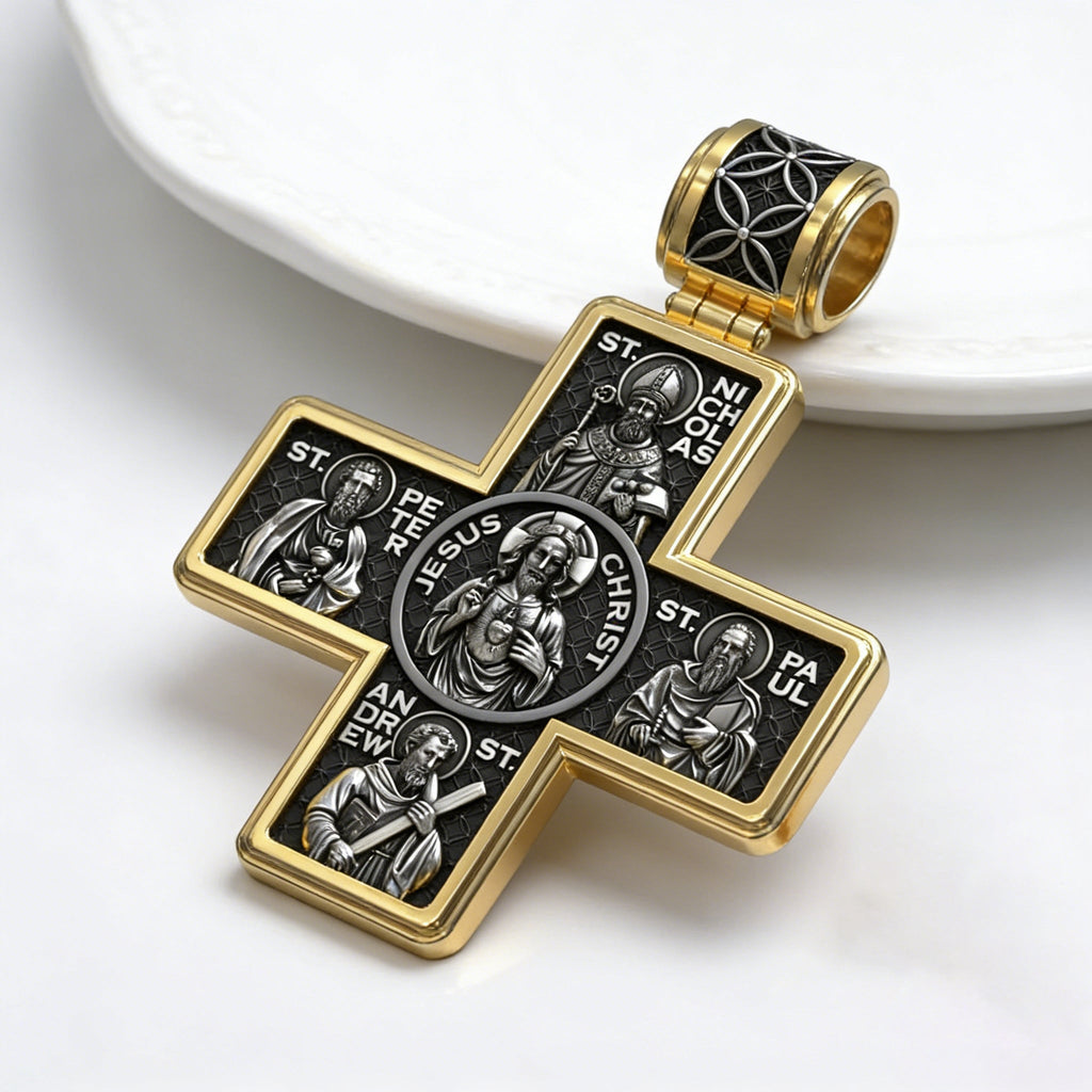 Double-Sided S925K Sterling Silver Sacred Heart and Saint Cross Pendant—Your Daily Spiritual Companion