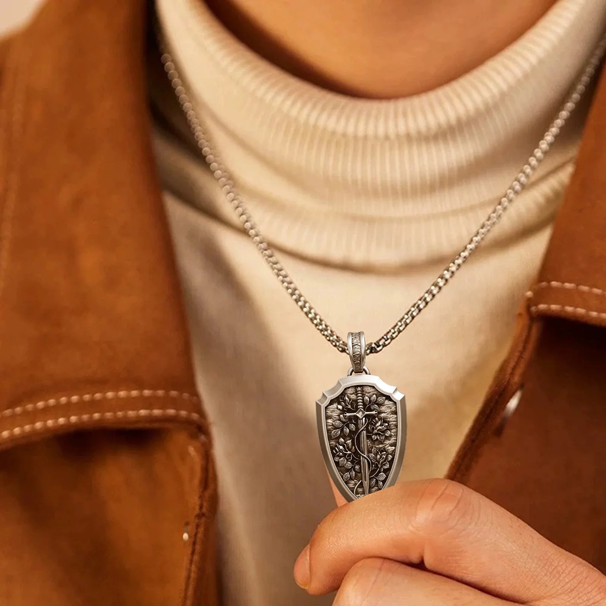 S925K Silver Necklace Sword and Shield Rose: Embedded Shield of Faith