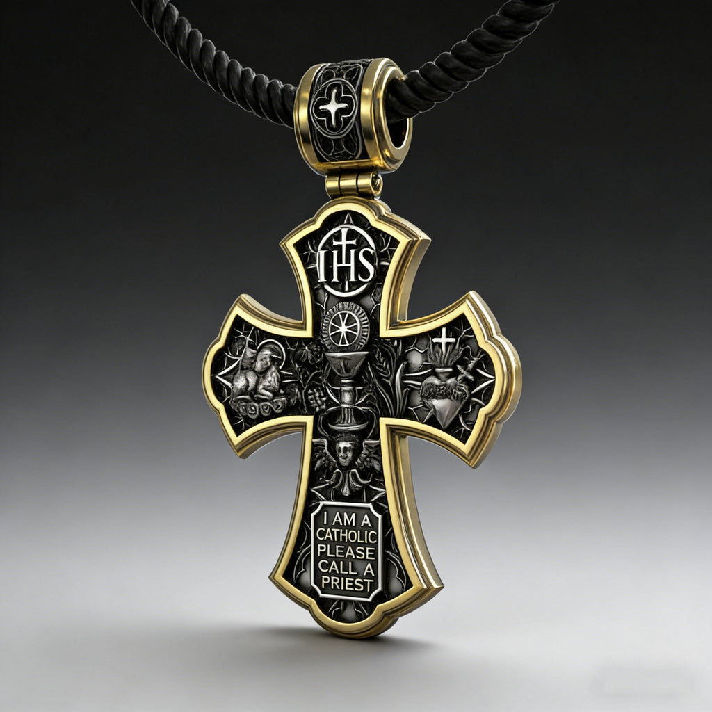 Holy Family of Mary Sacred Heart of Jesus IHS Double-Sided S925 Sterling Silver Cross