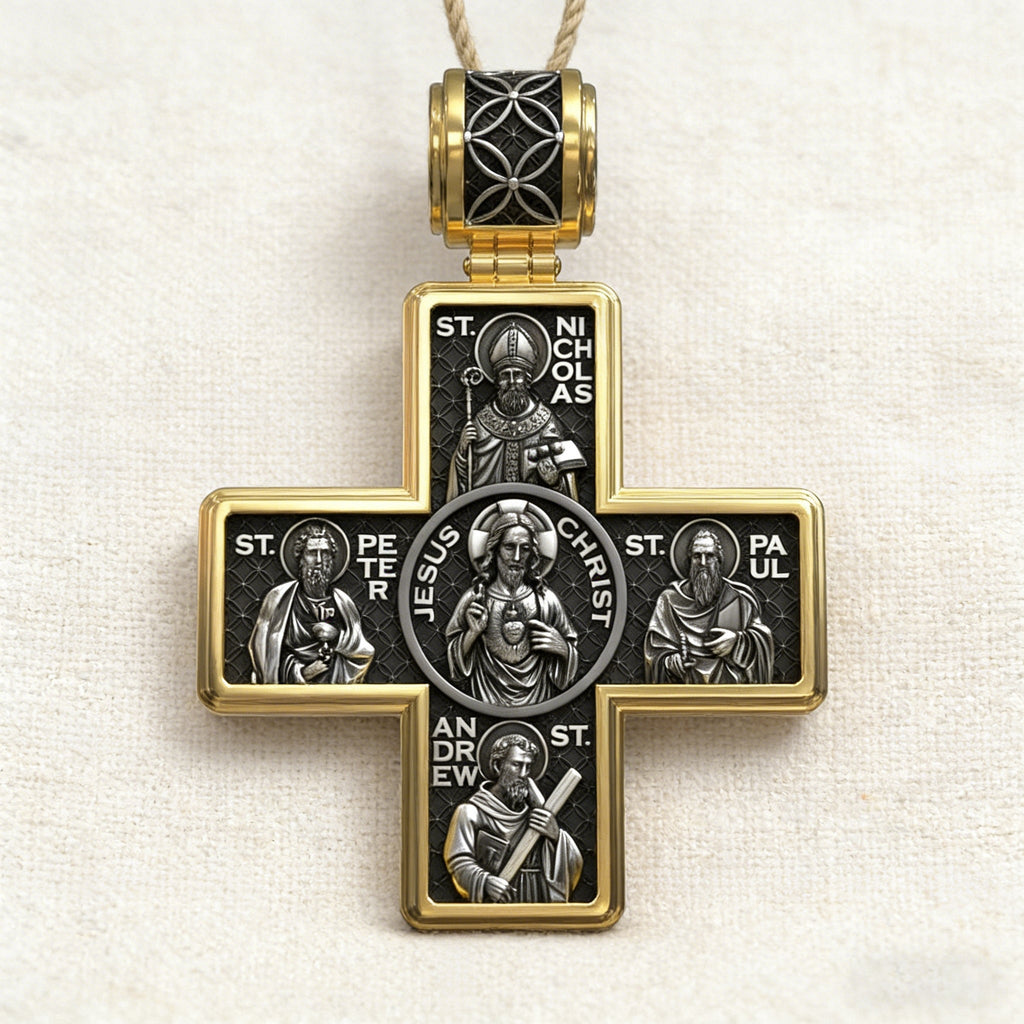 Double-Sided S925K Sterling Silver Sacred Heart and Saint Cross Pendant—Your Daily Spiritual Companion