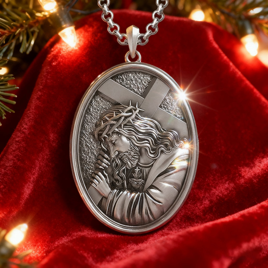 Divine Grace: Jesus Carrying the Cross with Sacred Heart S925 Sterling Silver Pendant Necklace