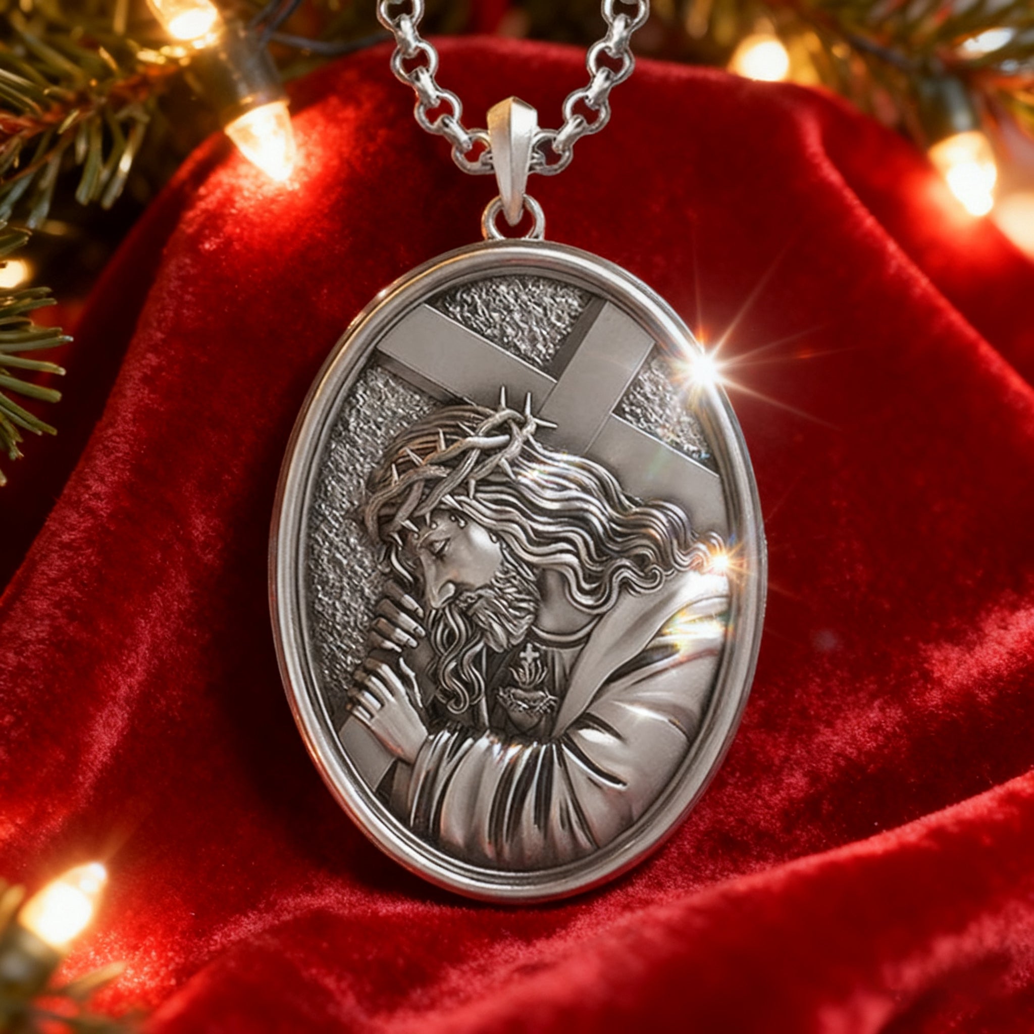 Divine Grace: Jesus Carrying the Cross with Sacred Heart S925 Sterling Silver Pendant Necklace