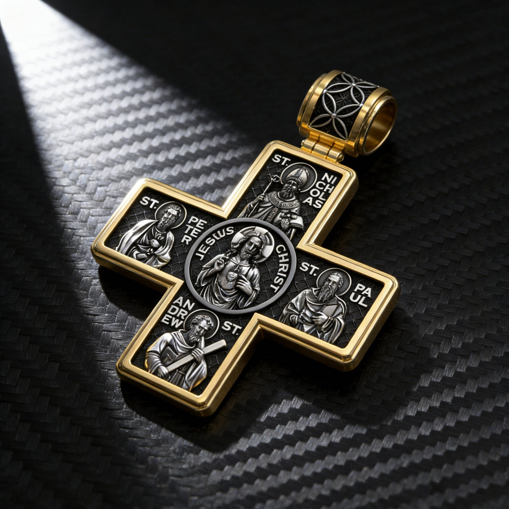 Double-Sided S925K Sterling Silver Sacred Heart and Saint Cross Pendant—Your Daily Spiritual Companion
