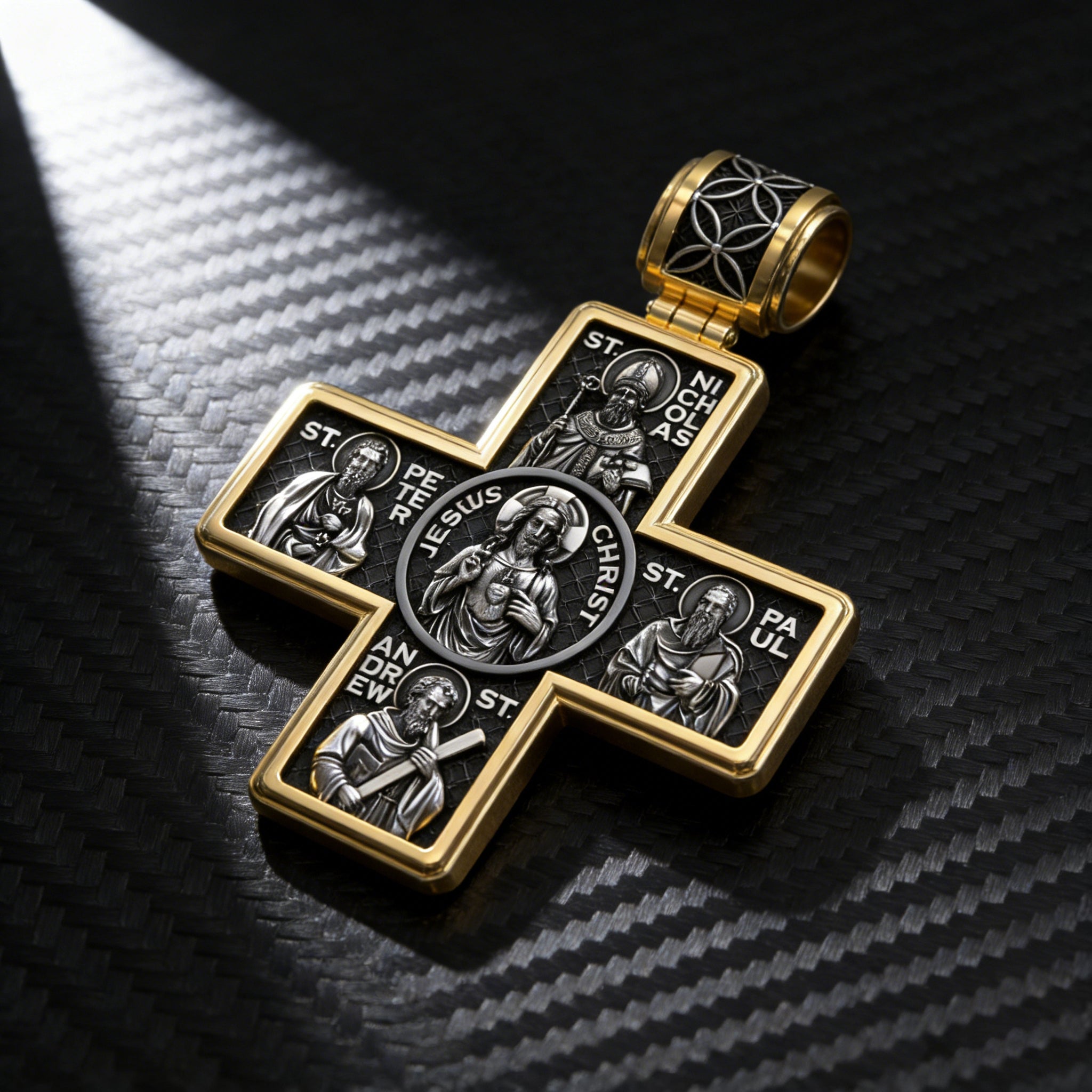 Double-Sided S925K Sterling Silver Sacred Heart and Saint Cross Pendant—Your Daily Spiritual Companion
