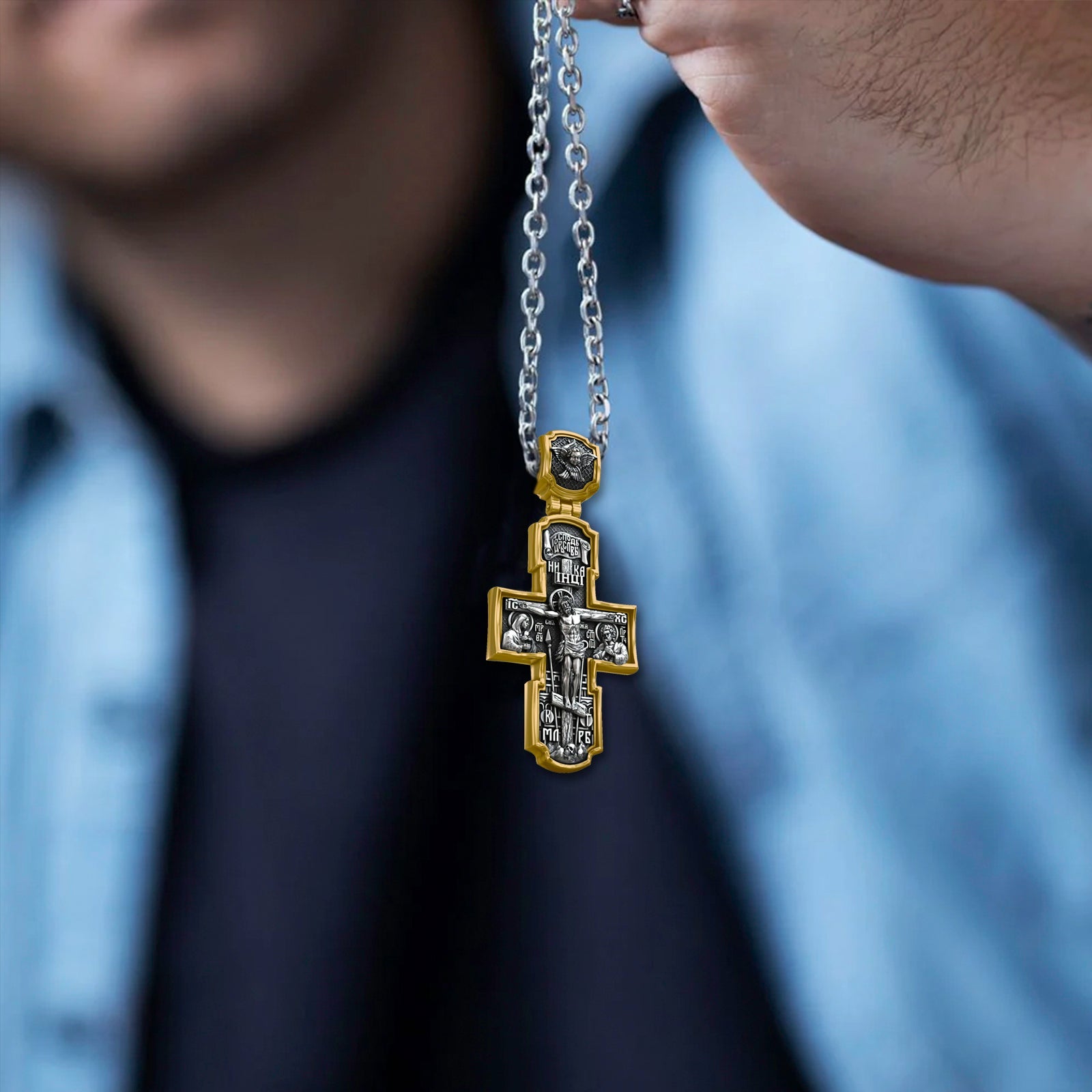 Orthodox S925K Silver Double-Sided Engraved Jesus Christ Crucified and Saints Orthodox Necklace