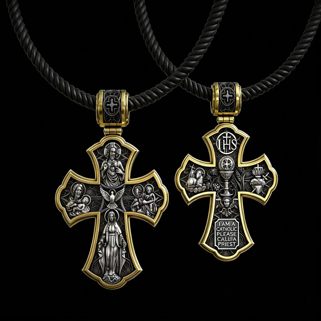 Holy Family of Mary Sacred Heart of Jesus IHS Double-Sided S925 Sterling Silver Cross