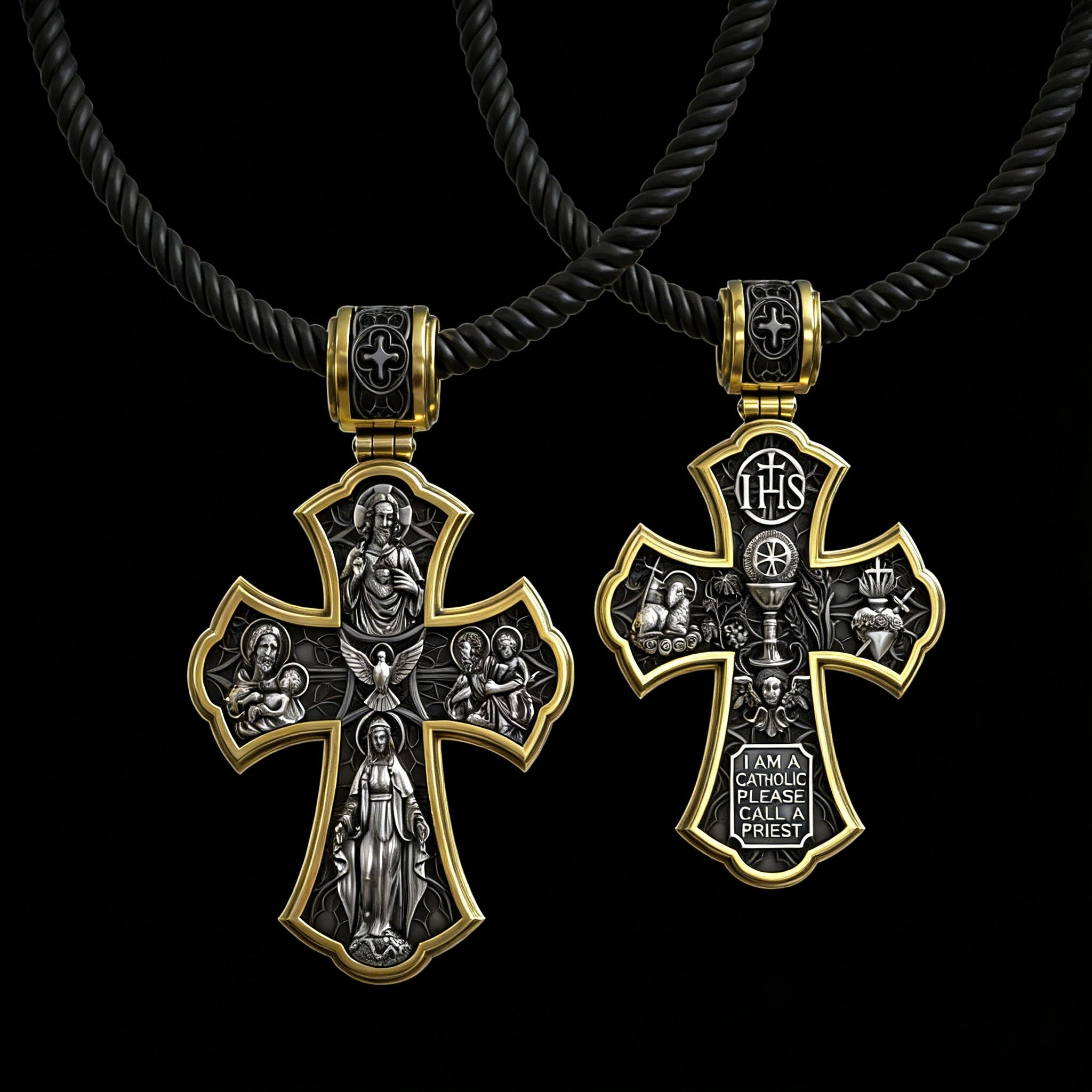 Holy Family of Mary Sacred Heart of Jesus IHS Double-Sided S925 Sterling Silver Cross