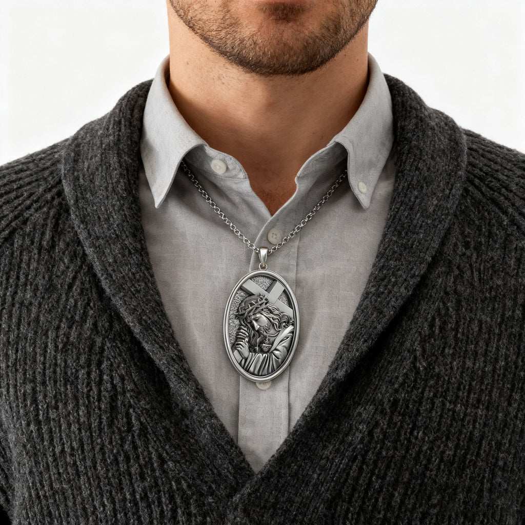 Divine Grace: Jesus Carrying the Cross with Sacred Heart S925 Sterling Silver Pendant Necklace