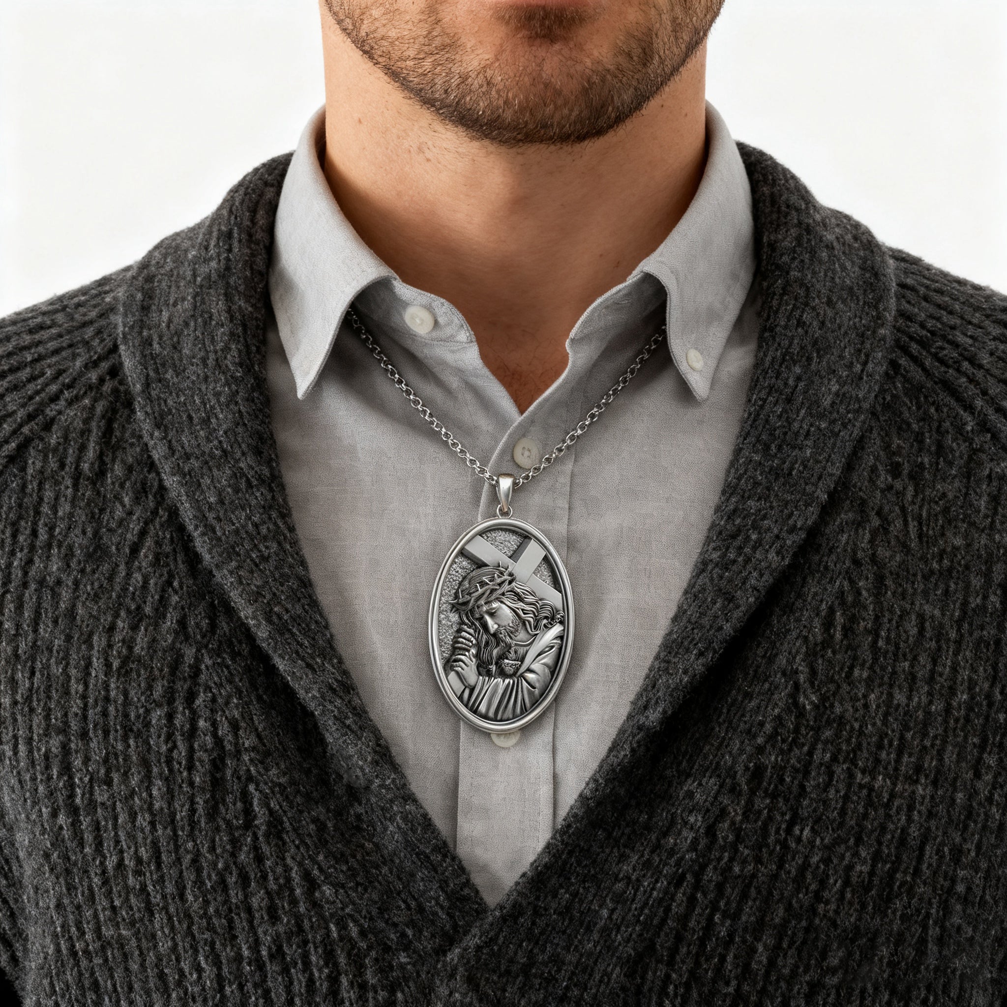 Divine Grace: Jesus Carrying the Cross with Sacred Heart S925 Sterling Silver Pendant Necklace