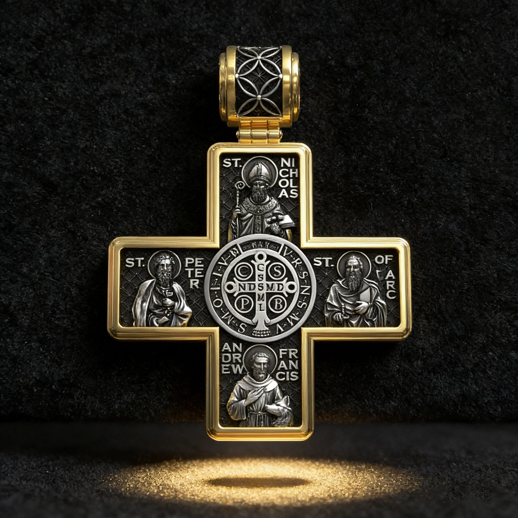 Double-Sided S925K Sterling Silver Sacred Heart and Saint Cross Pendant—Your Daily Spiritual Companion