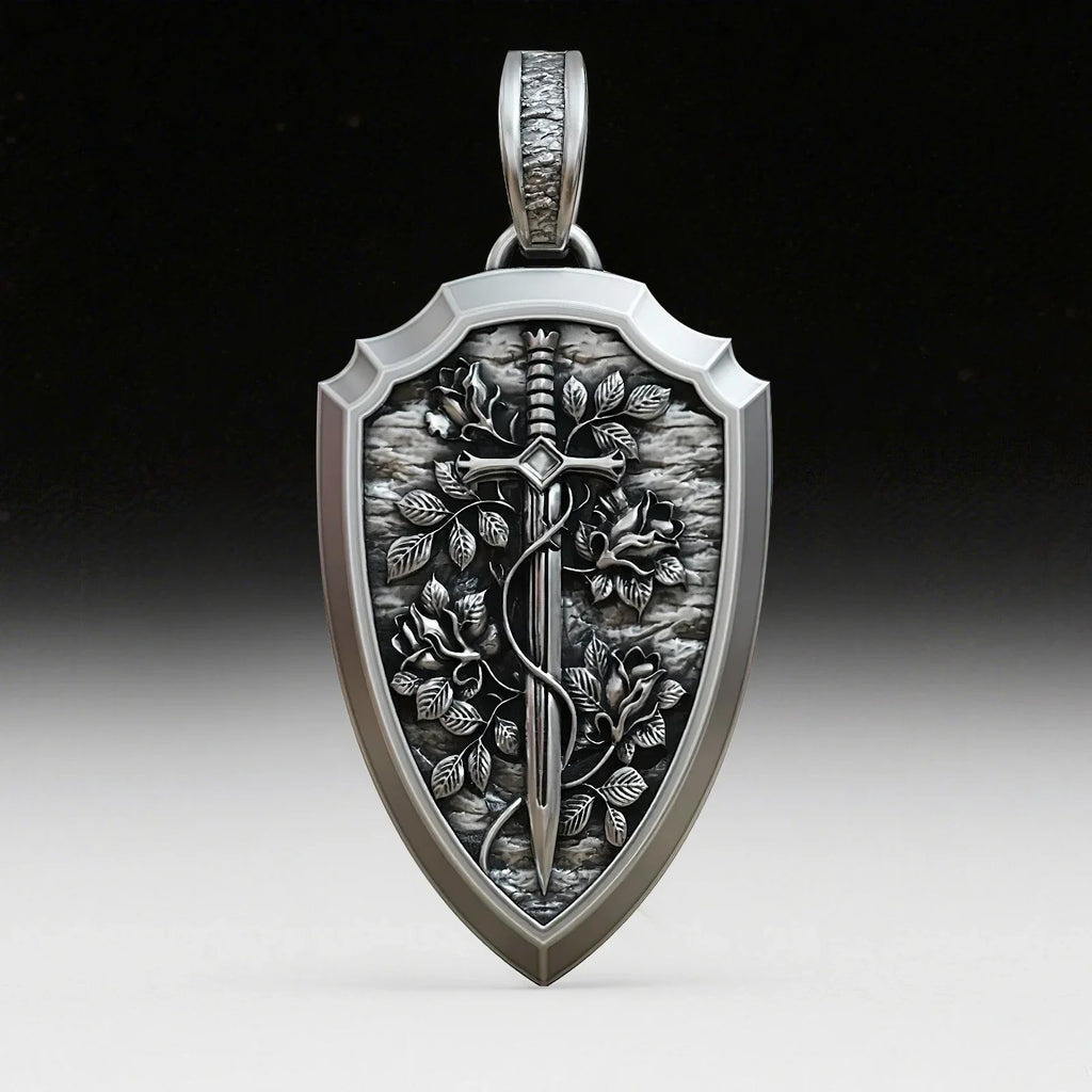 S925K Silver Necklace Sword and Shield Rose: Embedded Shield of Faith