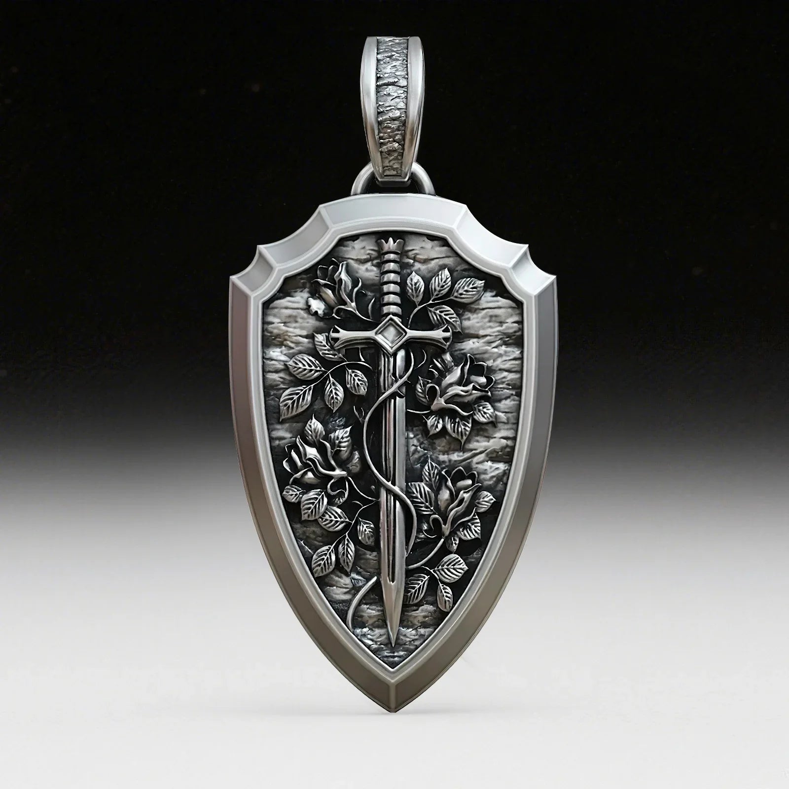 S925K Silver Necklace Sword and Shield Rose: Embedded Shield of Faith
