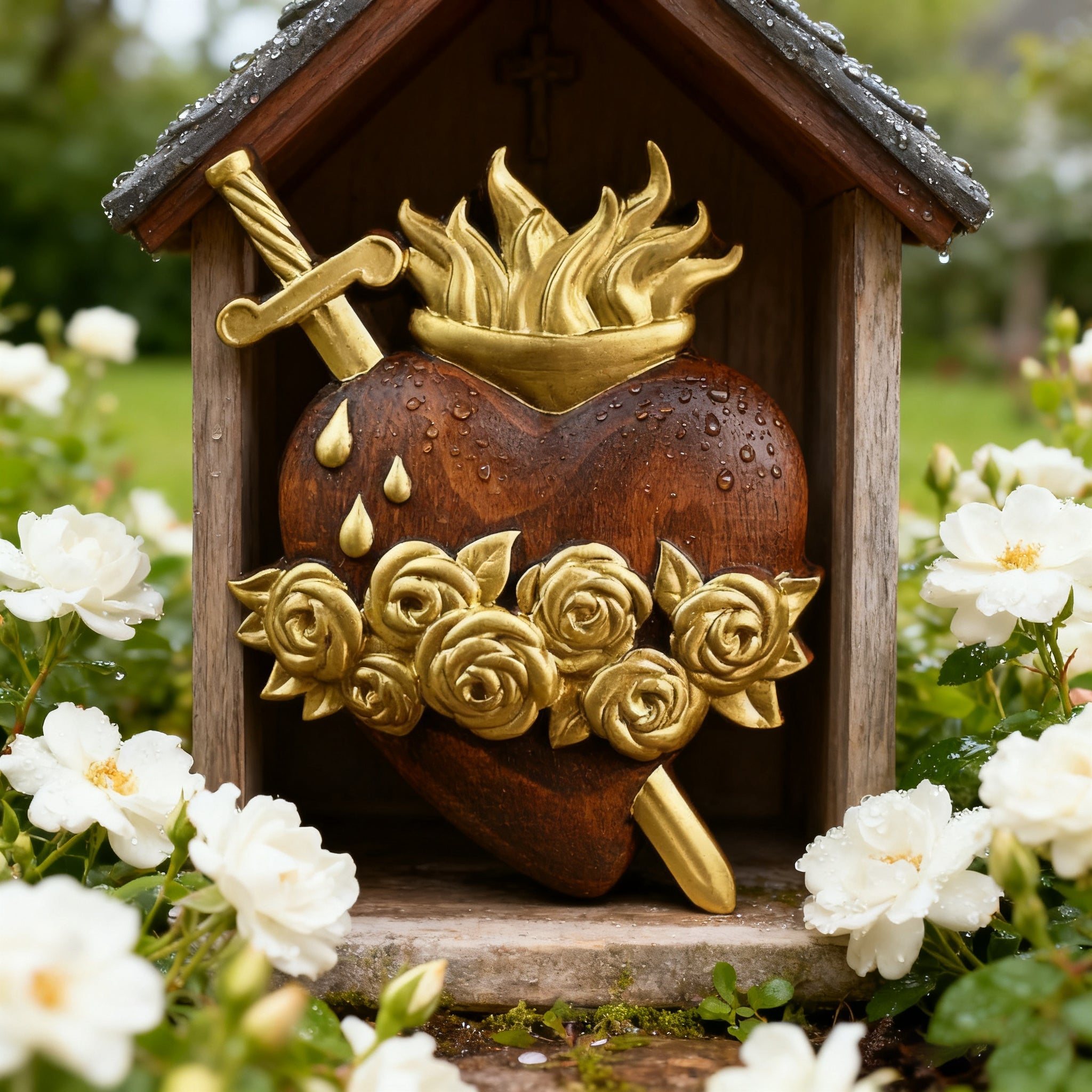 Holy Family Three Sacred Hearts Wooden Wall Decoration