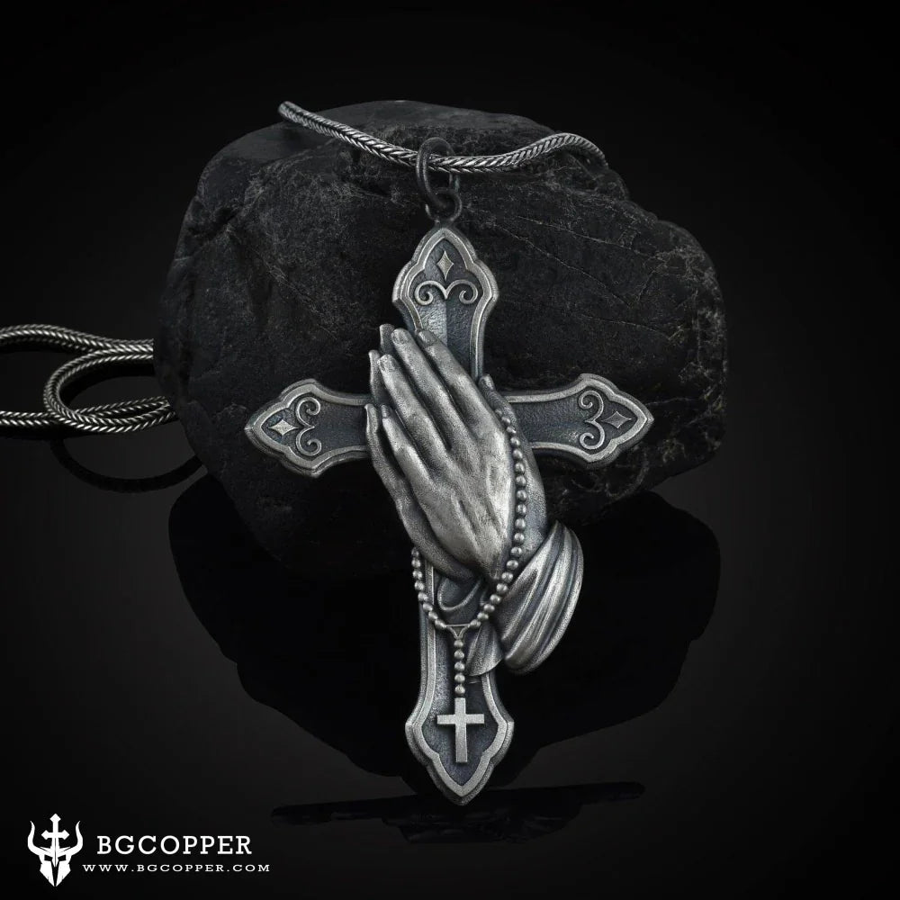 Pure Tin Praying Hand and Crucifix Pendant Necklace