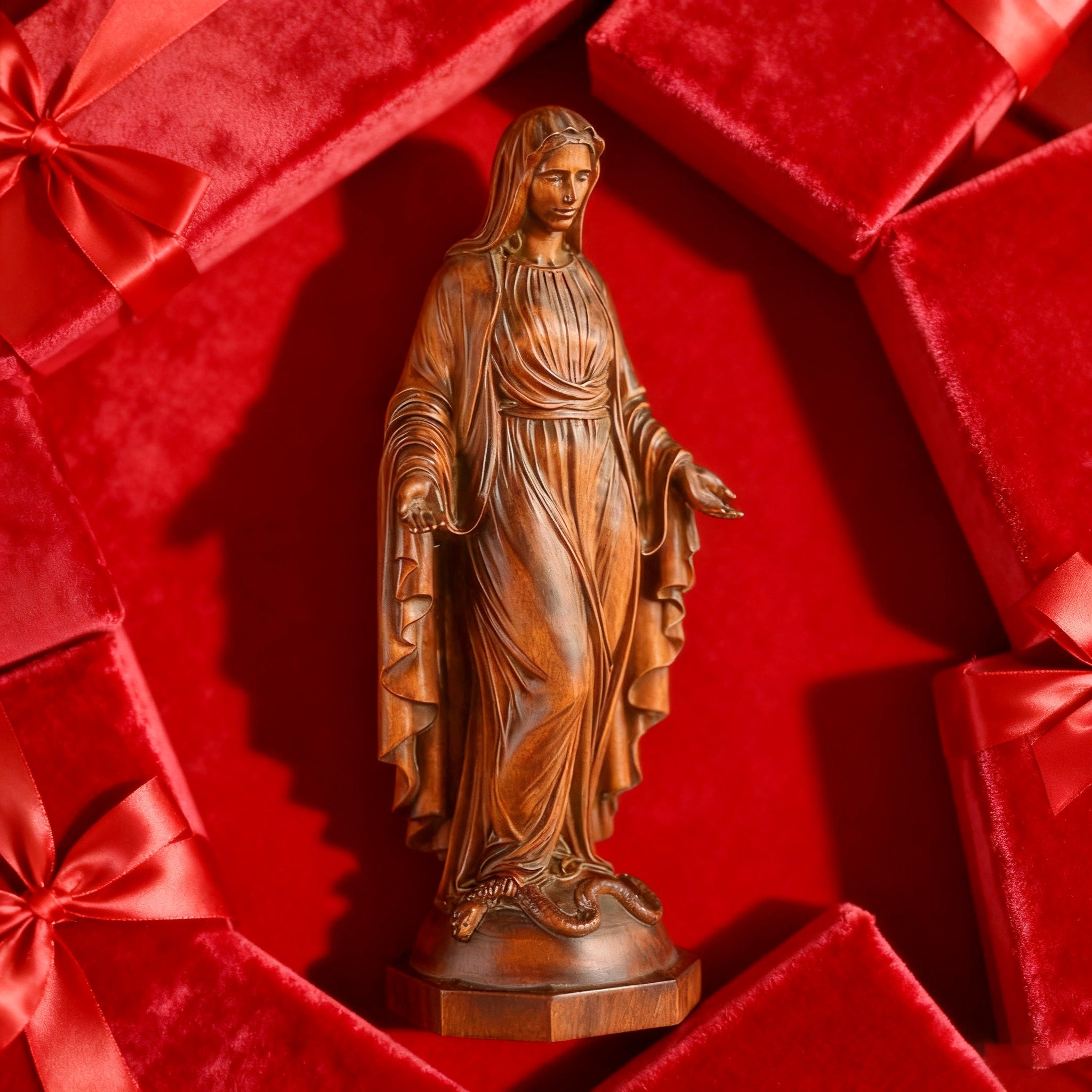 Hand Carved Sacred Heart of Jesus Virgin Mary Wooden Tabletop Ornament