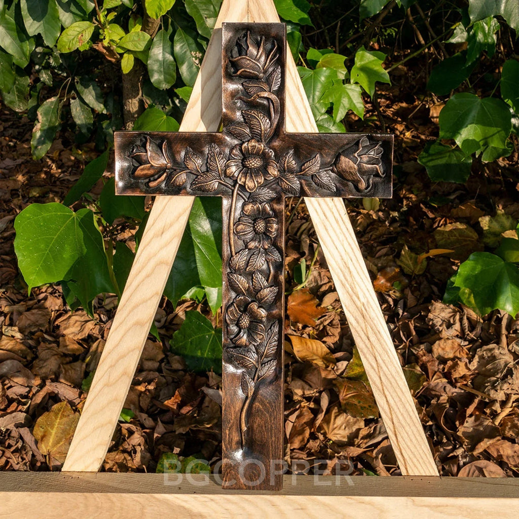Hand-Carved Rose Cross Wall Art ✝️🌹 | Solid Beechwood Christian Decor with Golden Flowers